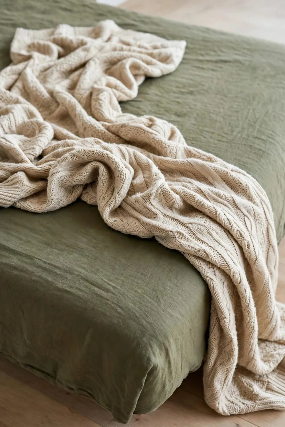 Minimal olive green japanese zen bedroom: add One Textured Throw, Placed Casually