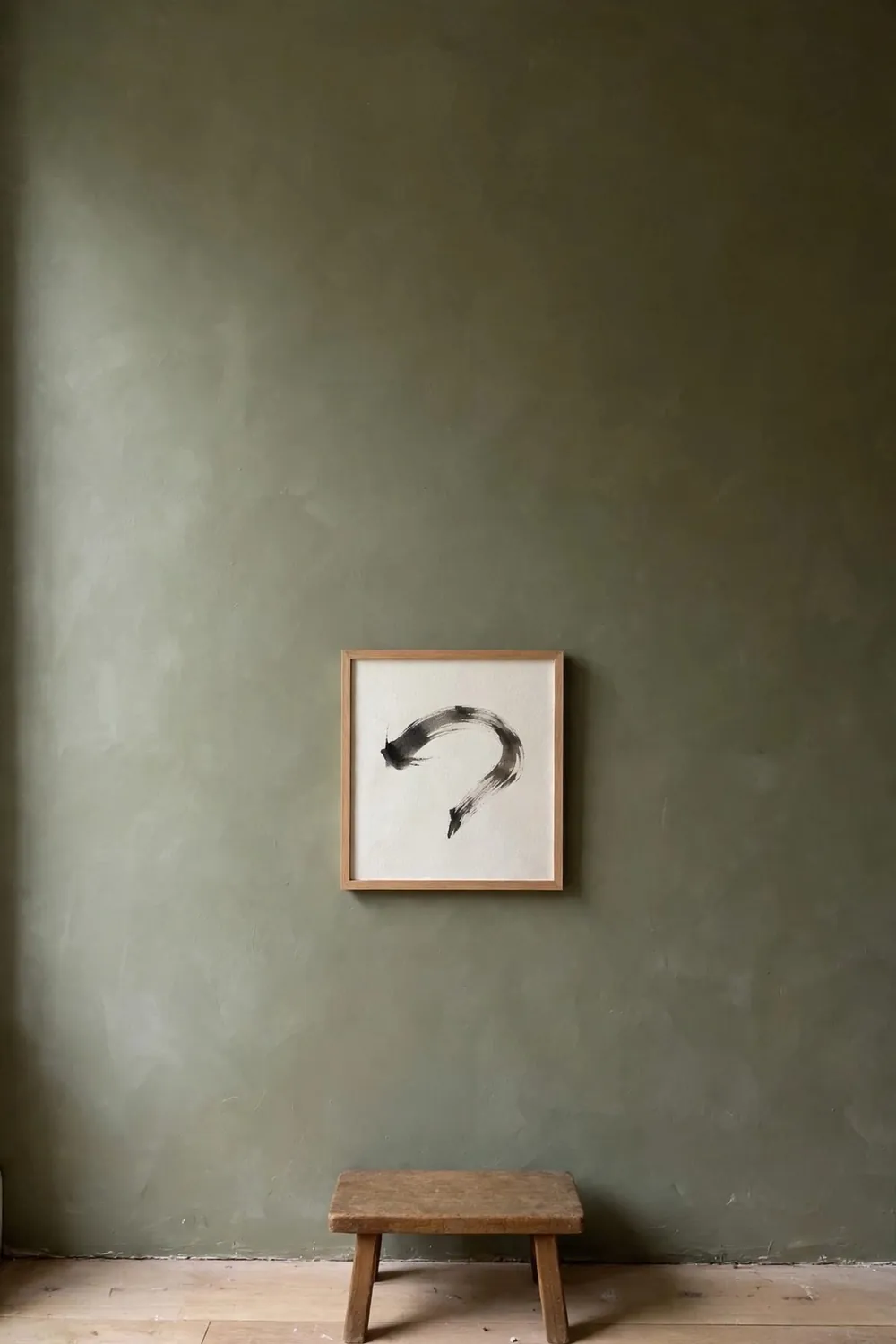 Minimal olive green japanese zen bedroom: display One Piece of Art, Hung Low and Quiet