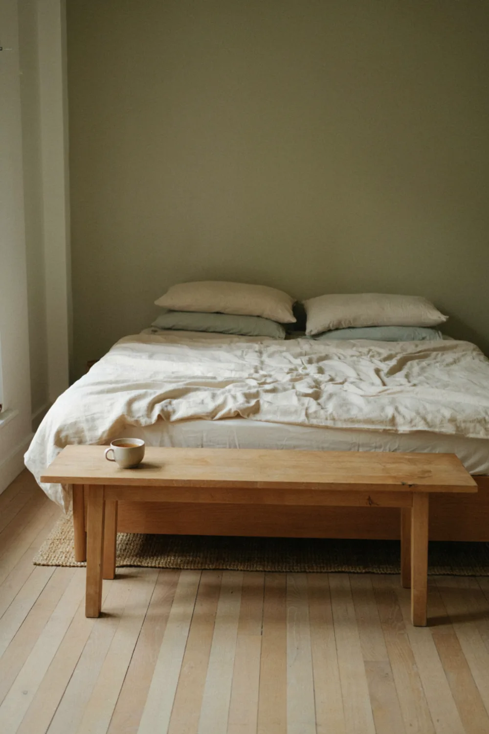 Minimal olive green japanese zen bedroom: add a Low Wooden Bench for Slow Mornings