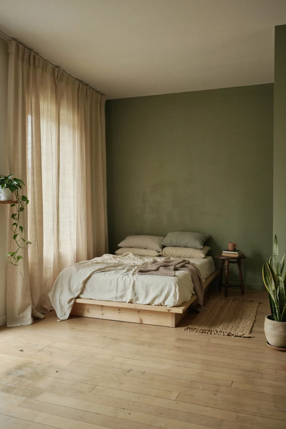 Minimal olive green japanese zen bedroom: hang Undyed Linen Curtains