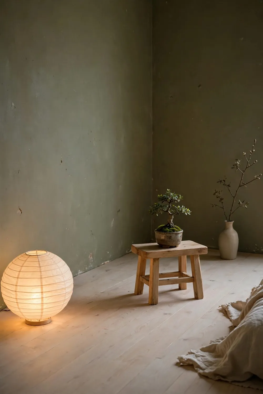 Minimal olive green japanese zen bedroom: rest One Stone or Ceramic Object on the Dresser