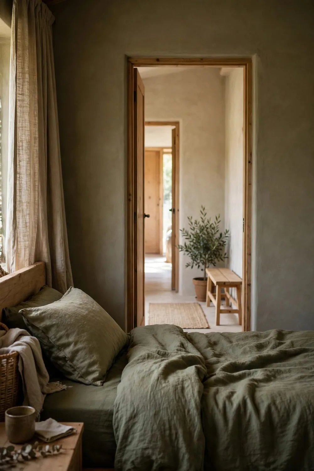 Minimal olive green japanese zen bedroom: keep the Floor Mostly Bare, One Flat-Weave Rug