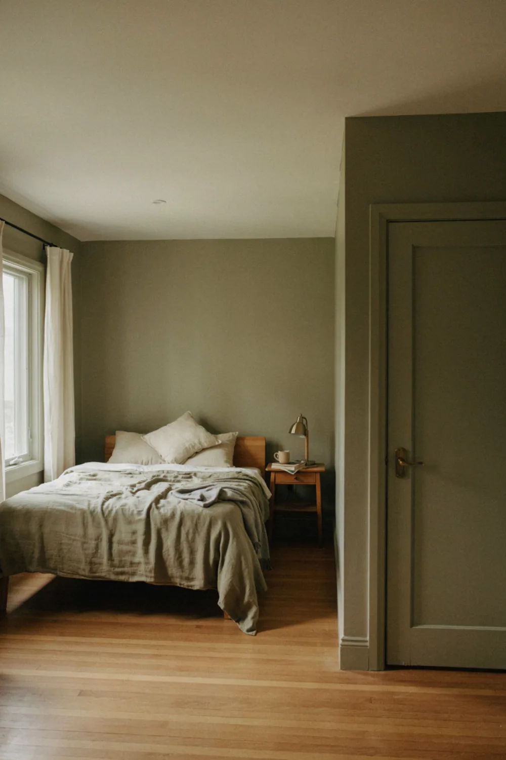 Minimal olive green japanese zen bedroom: paint the Door and Trim the Same Olive