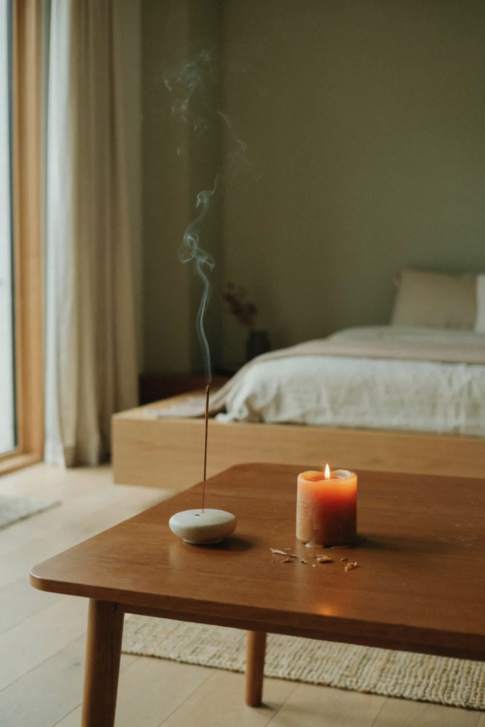 Minimal olive green japanese zen bedroom: choose One Scent: Cedar or Sandalwood