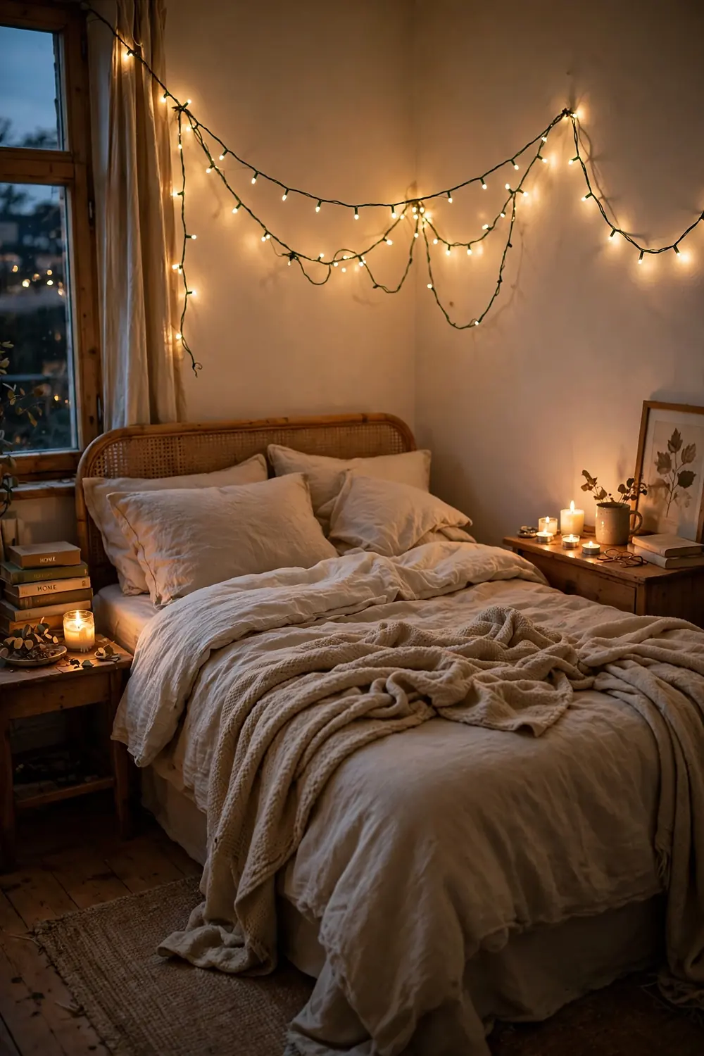 Couples bedroom in the evening with fairy lights draped above the bed, glowing candles on the nightstands, and rumpled warm neutral bedding