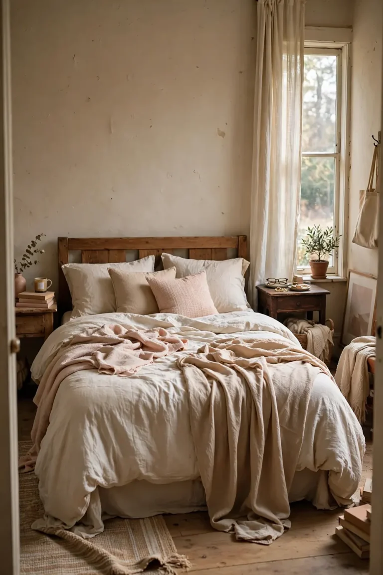 Romantic warm neutral couples bedroom with a wooden headboard, soft layered cream and blush bedding, and natural light from a tall window