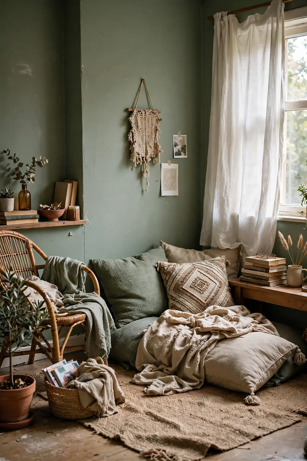 Sage green and beige boho living room with layered cushions, a jute rug and soft natural textures