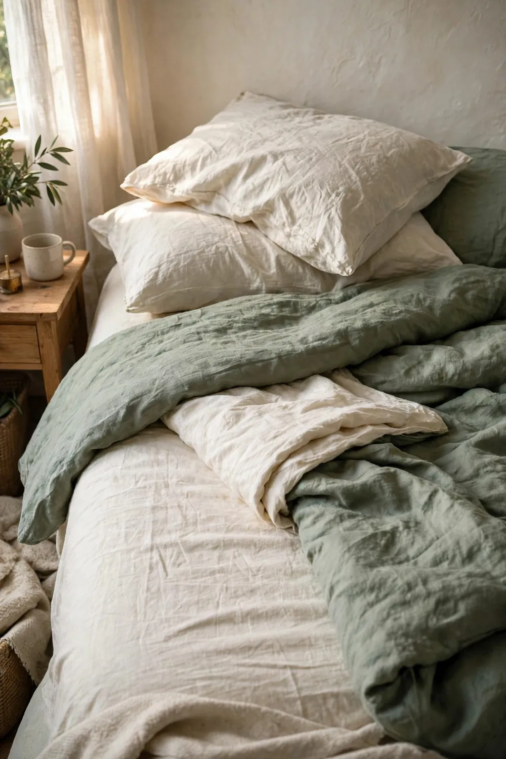 Warm sage green bedroom: layer Sage Linen With Cream Sheets