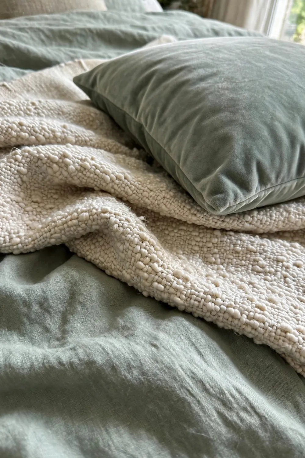 Warm sage green bedroom: mix Three Textures Minimum