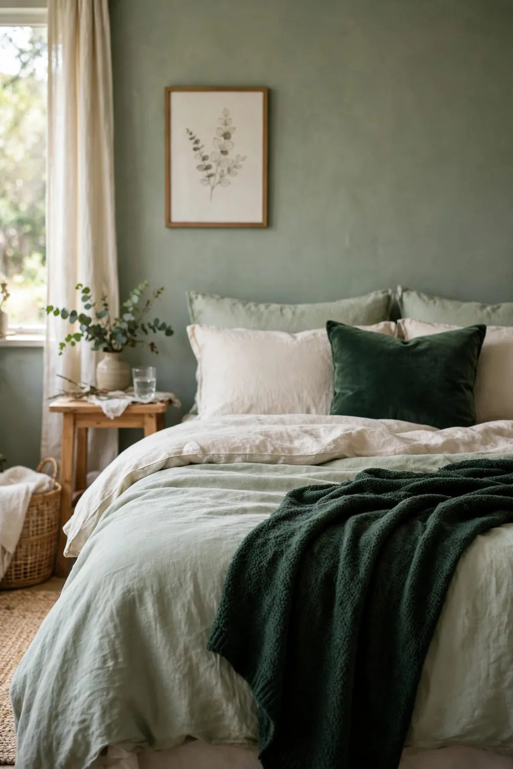 Warm sage green bedroom: add One Deeper Green Accent