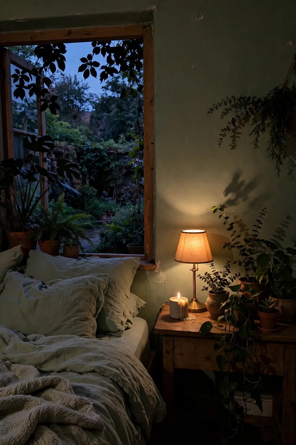 Warm sage green bedroom: light It Like Evening in a Garden
