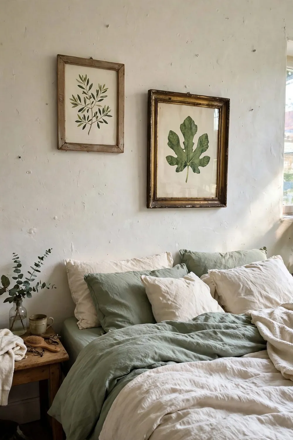 Warm sage green bedroom: hang Botanical Art — But Not Too Matchy