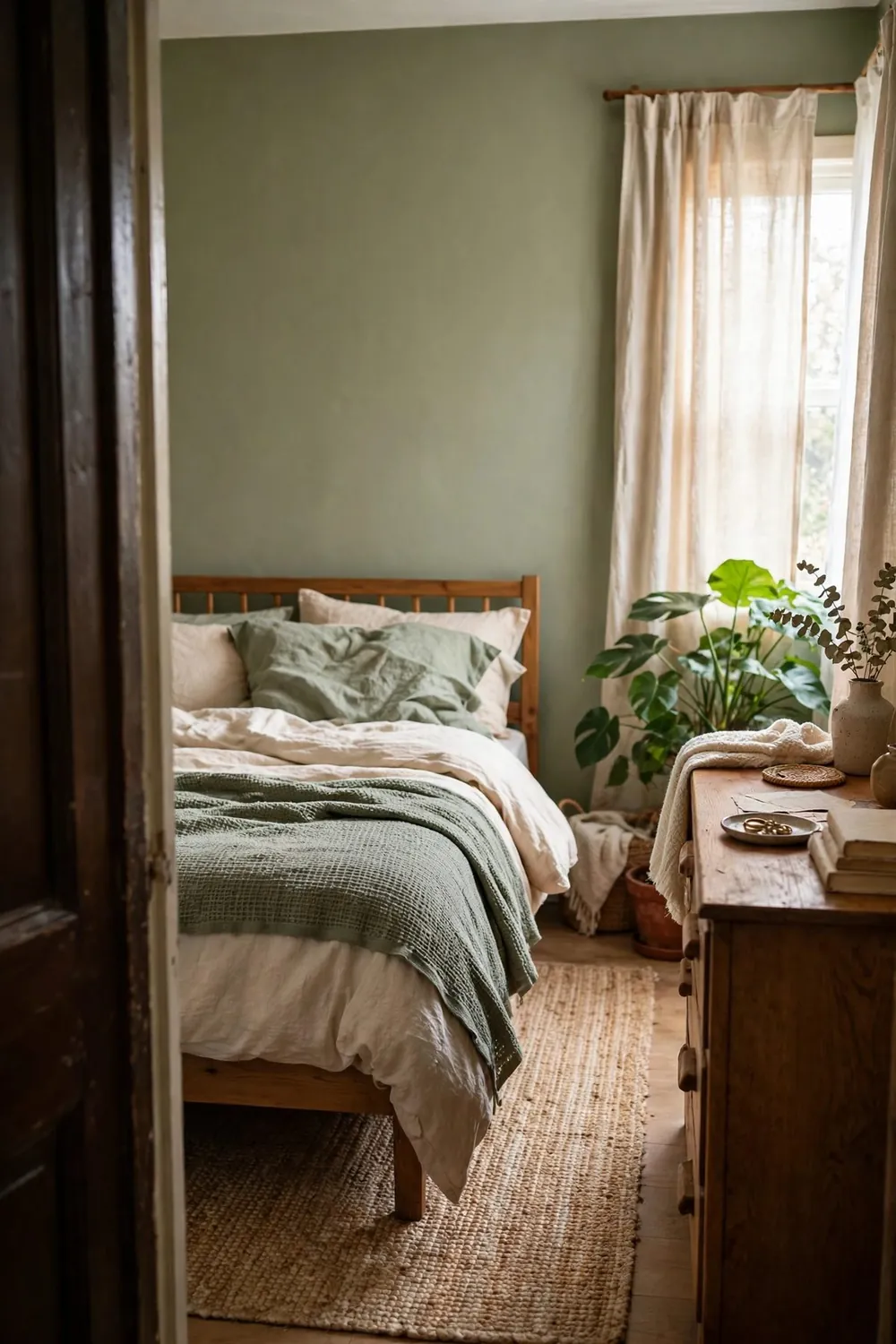 Full view of a warm sage green bedroom with a wooden bed, layered cream and sage bedding, plants, and warm wood tones throughout