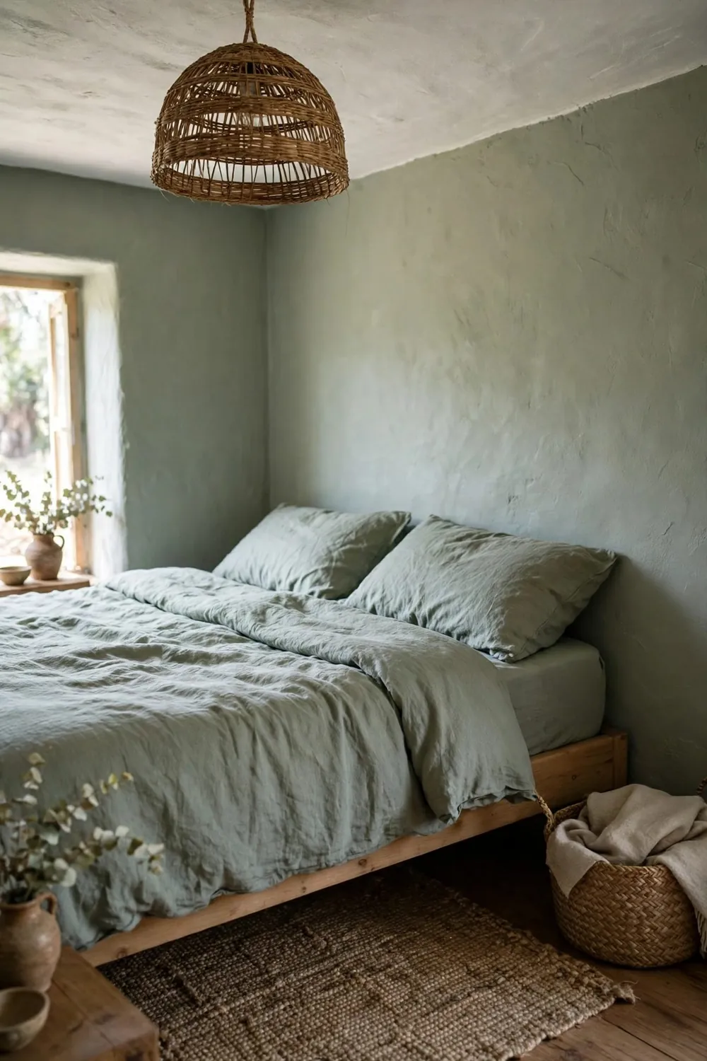 Warm sage green bedroom: finish With Natural Fibers Underfoot and Overhead