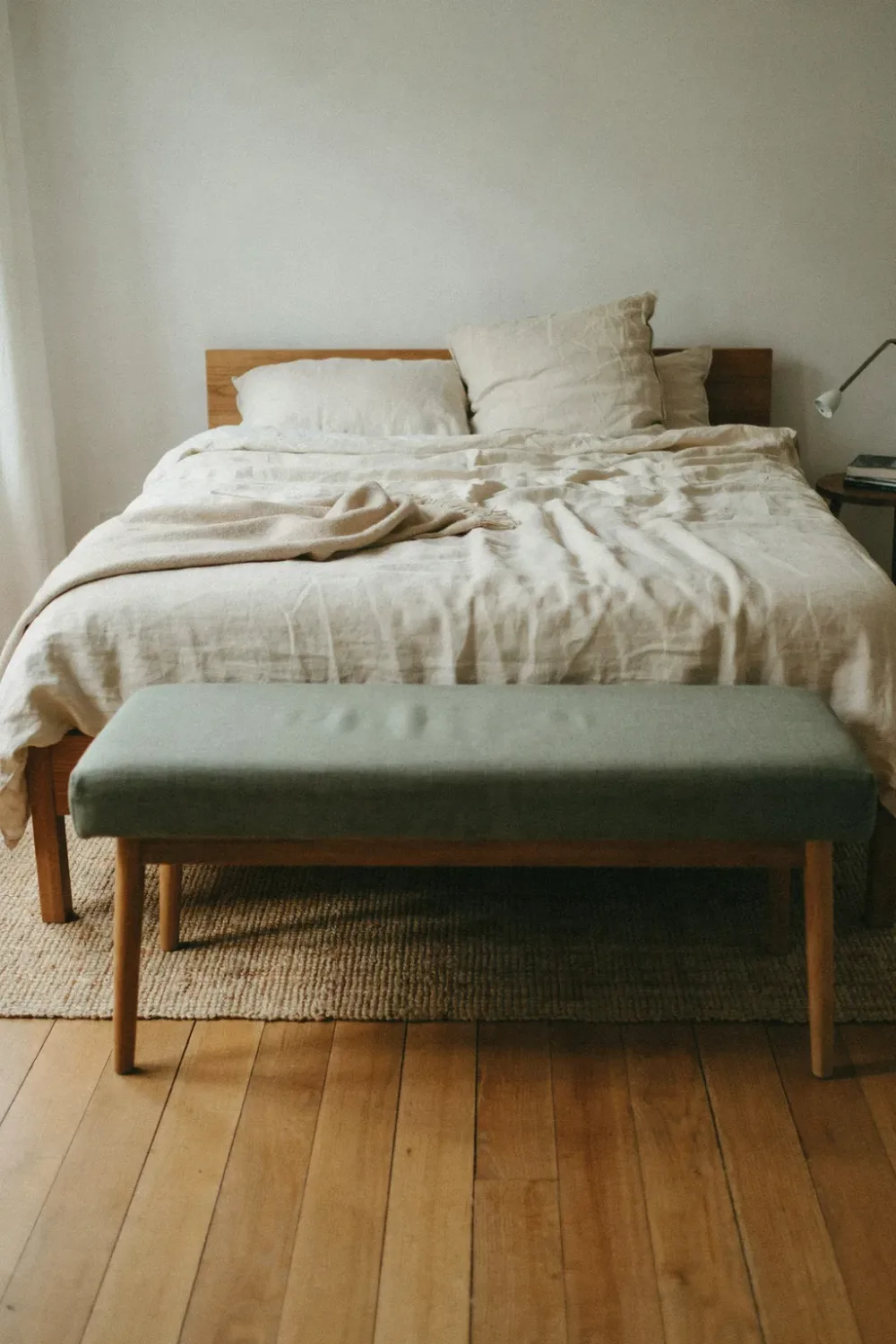 Warm sage green bedroom: add a Sage Bench at the Foot of the Bed