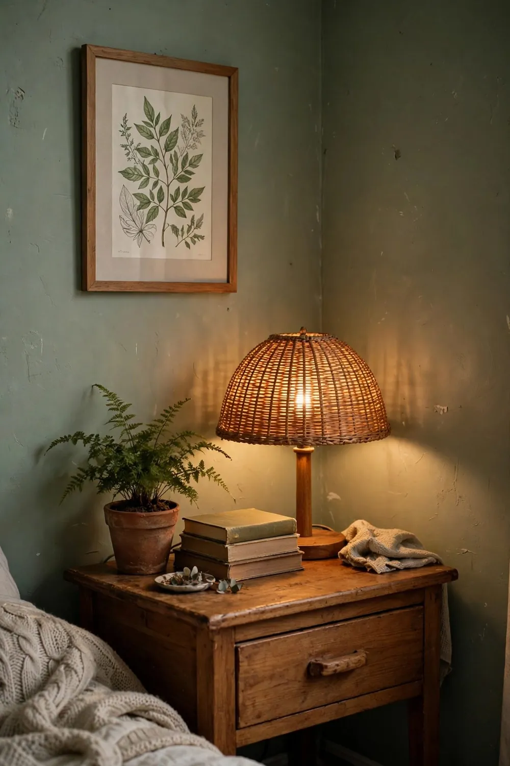Warm sage green bedroom: hang Botanical Prints in Thin Wood Frames