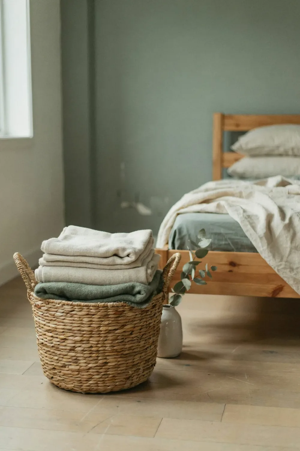 Warm sage green bedroom: keep Extra Blankets in a Seagrass Basket