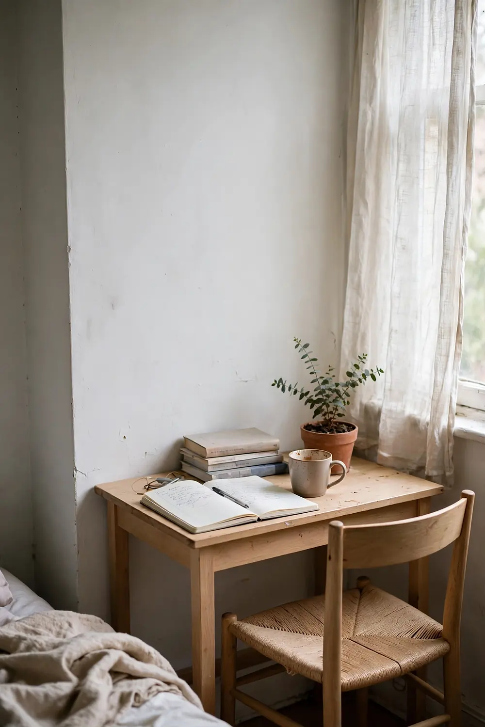 Minimal Scandinavian bedroom corner with a small light wood desk and woven-seat chair by the window, open notebook, mug and a potted eucalyptus plant