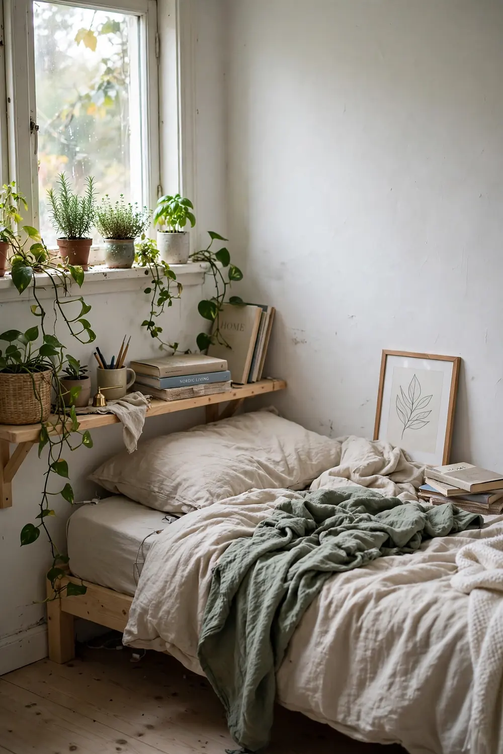 Scandinavian bedroom corner with green plants on the windowsill and light wood shelf, trailing pothos, beige linen bedding and a sage throw