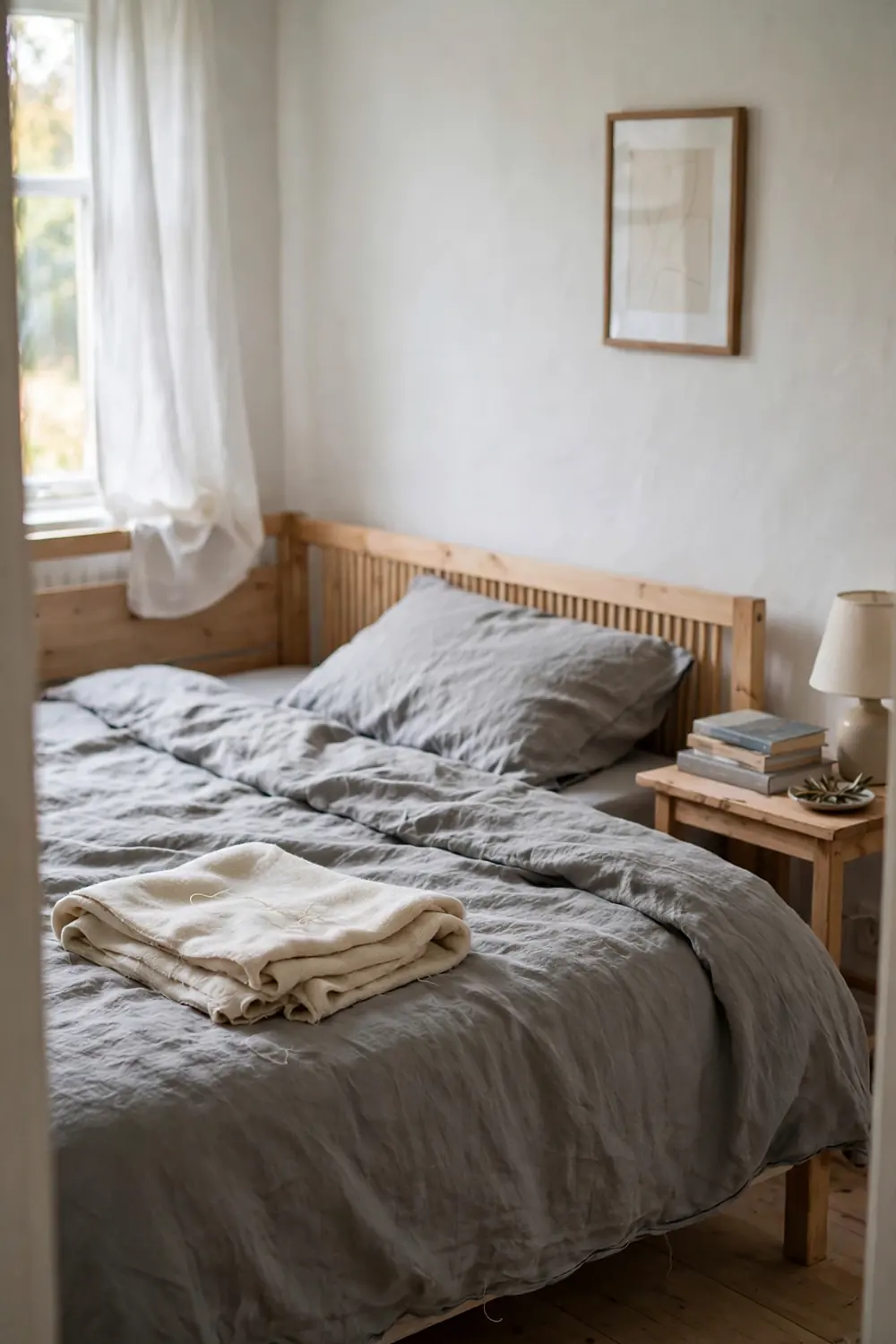 Scandinavian bedroom with soft grey washed linen bedding, light wood slatted headboard, folded cream throw and a small bedside lamp