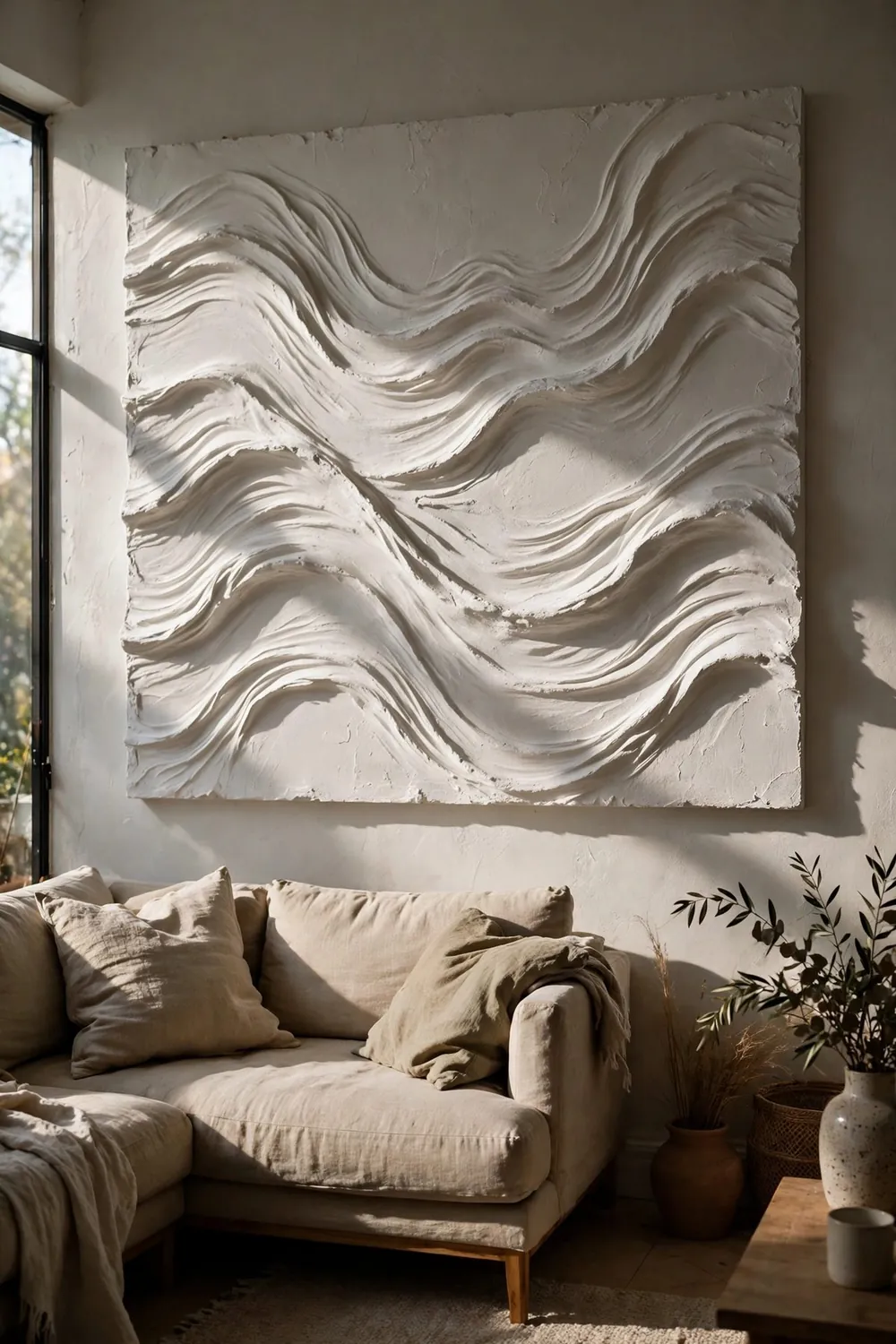 Modern living room with large sculptural wall art: plaster and Relief Art: Quiet Drama