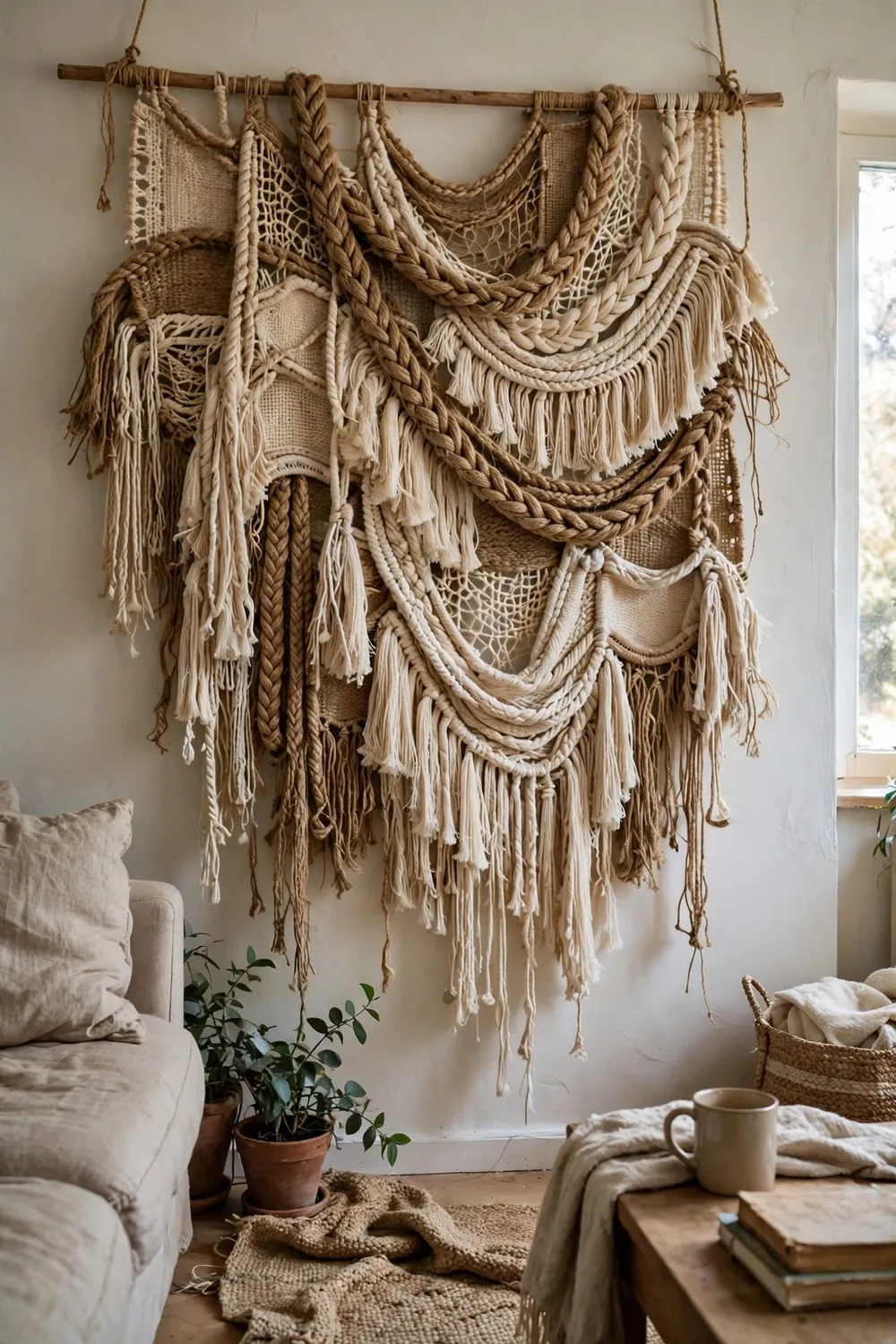 Modern living room with large sculptural wall art: woven and Fiber Sculptures: Soft Architecture