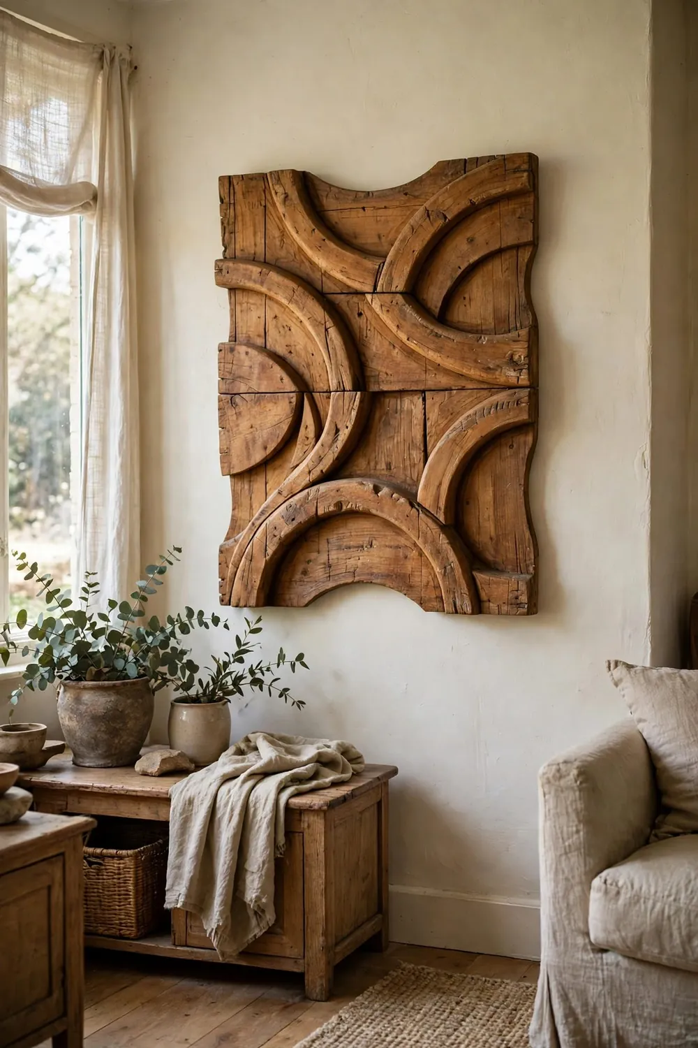 Modern living room with large sculptural wall art: wood Sculptures and Carved Pieces: Warm Geometry