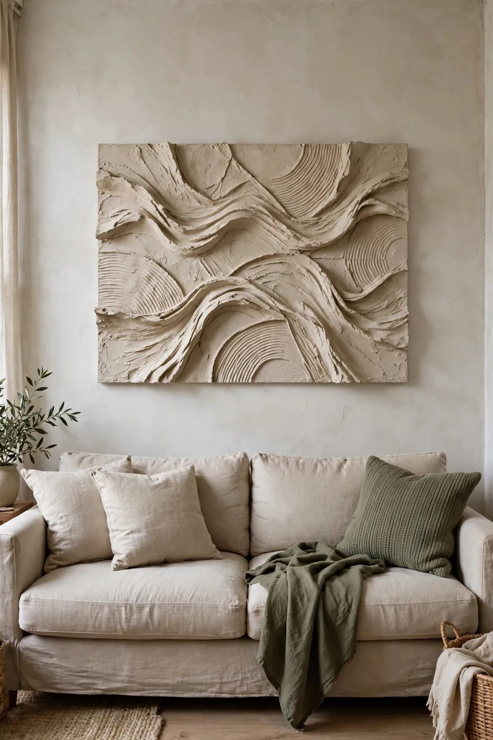 Modern living room with large sculptural wall art: follow the Two-Thirds Rule Above a Sofa