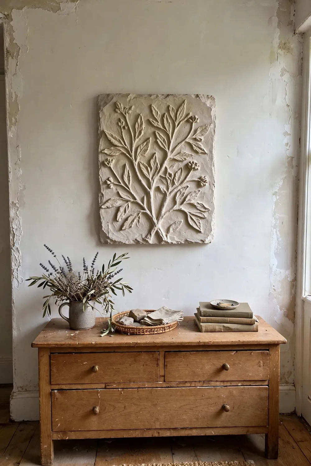 Modern living room with large sculptural wall art: center on the Furniture, Not the Wall
