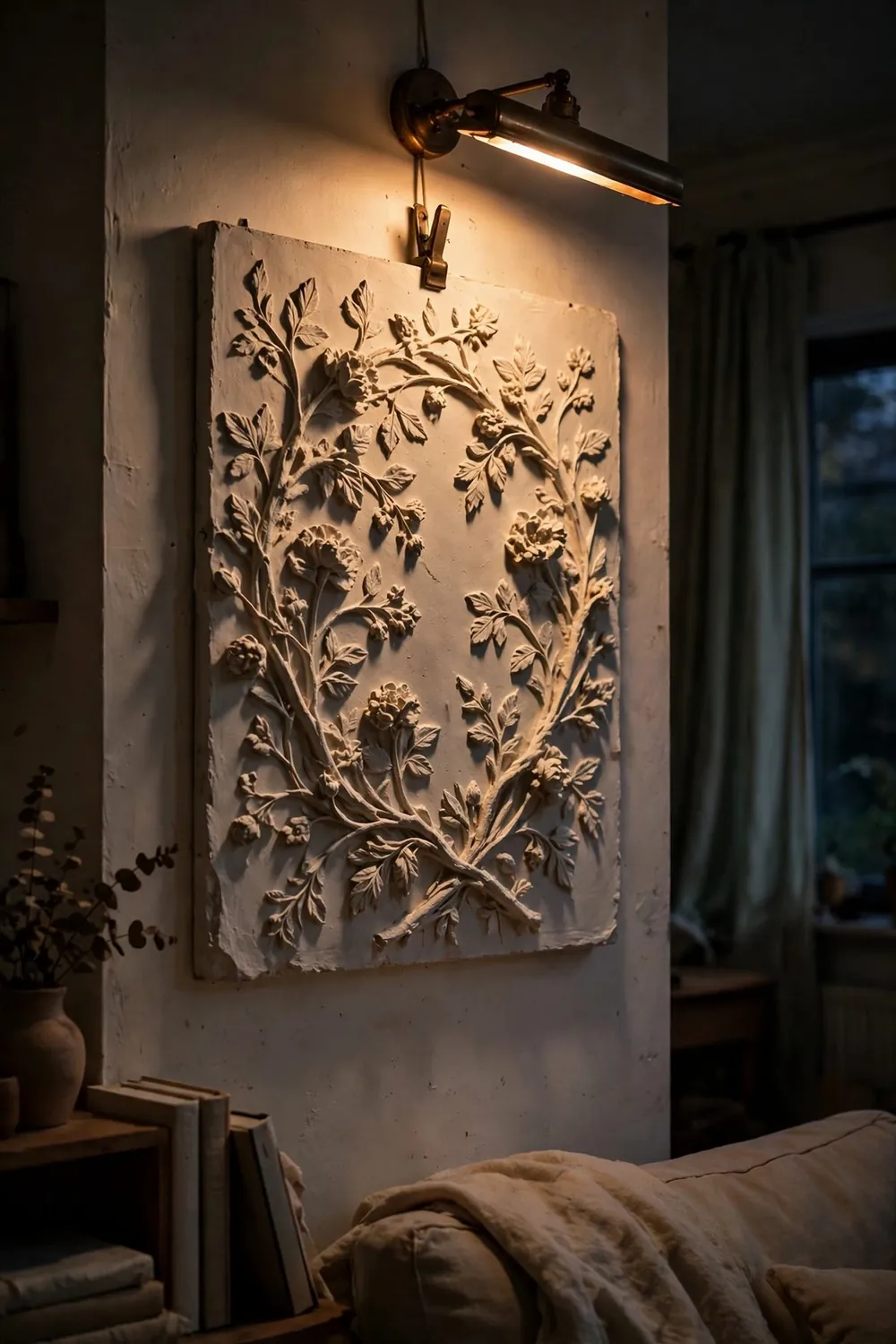 Modern living room with large sculptural wall art: light It From the Side or Above at an Angle
