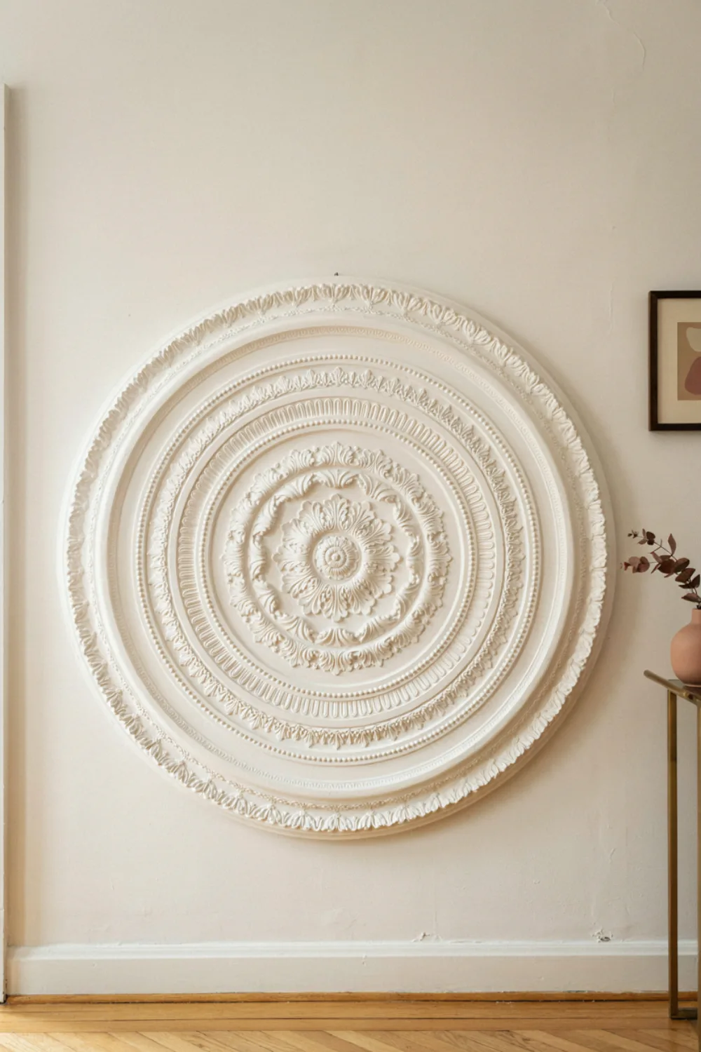 Modern living room with large sculptural wall art: hang an Oversized Plaster Medallion