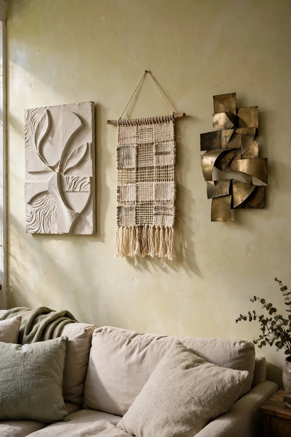 Modern living room with large sculptural wall art: group Three Reliefs as a Triptych