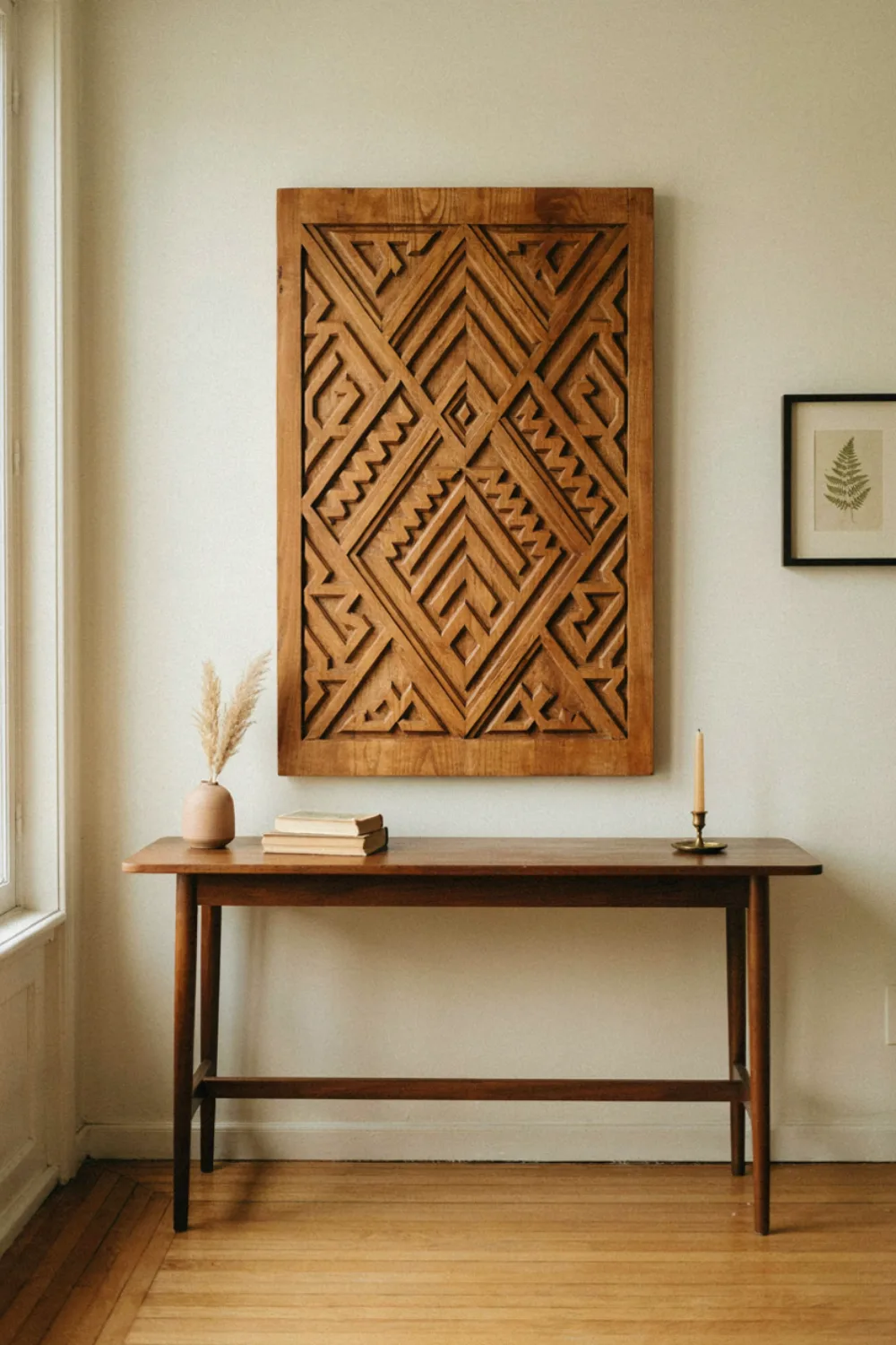 Modern living room with large sculptural wall art: try a Carved Wood Panel