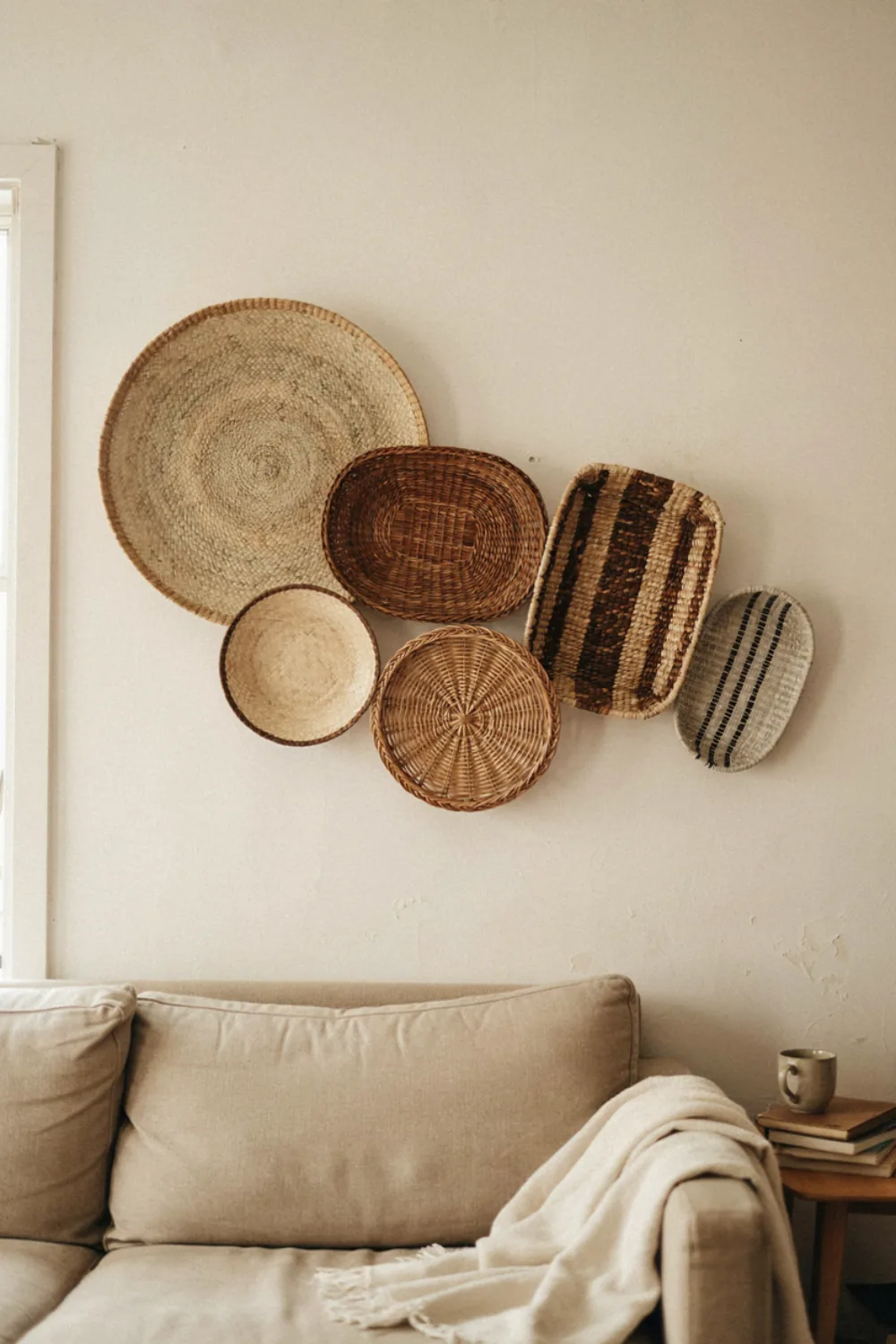 Modern living room with large sculptural wall art: arrange Woven Wall Baskets