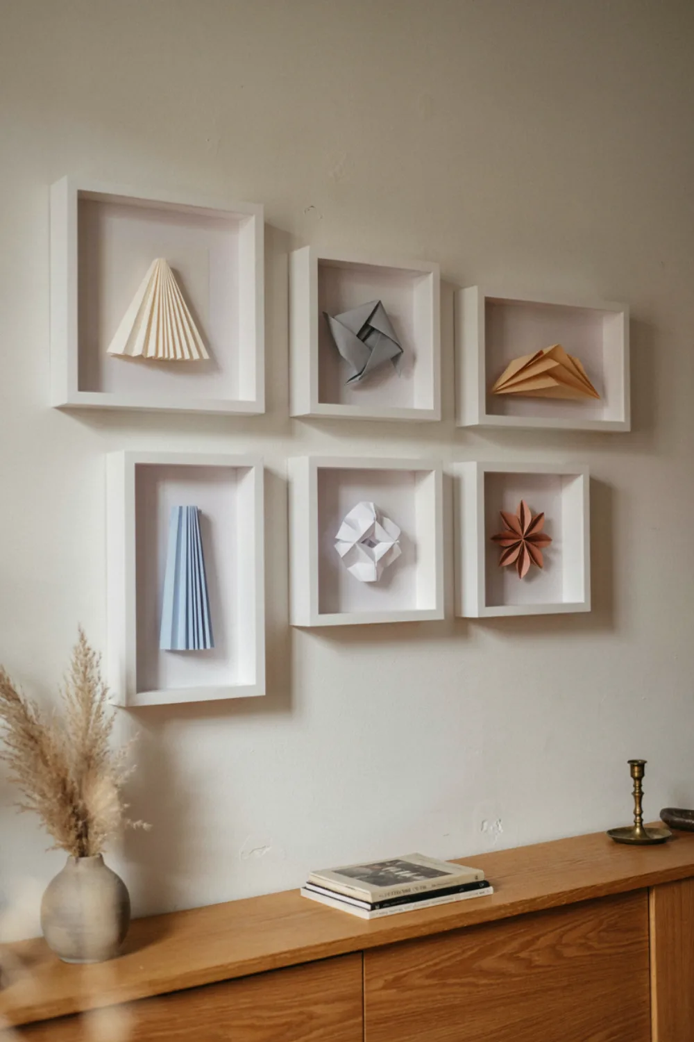 Modern living room with large sculptural wall art: frame Sculptural Paper Art