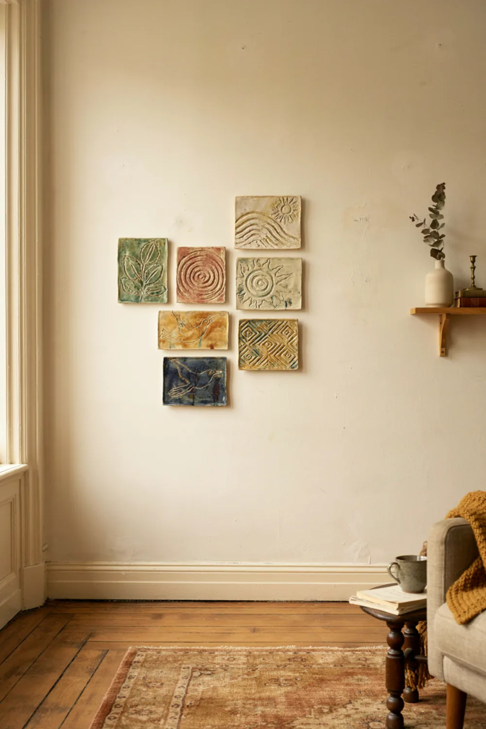 Modern living room with large sculptural wall art: install a Ceramic Tile Composition