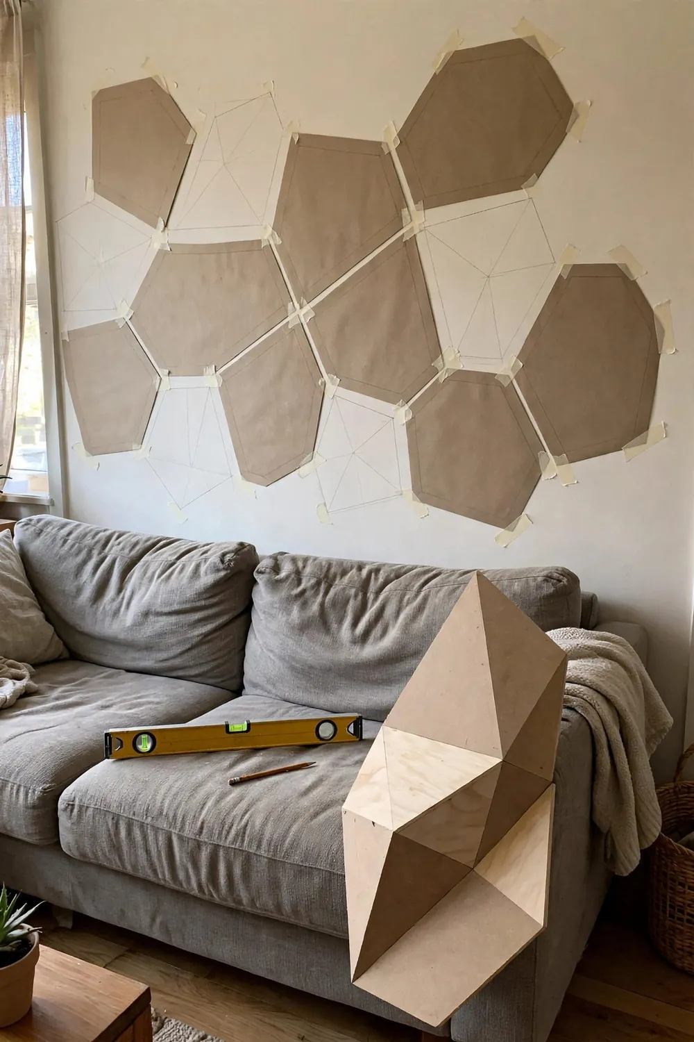 Modern living room with large sculptural wall art: play With Shadow Using Perforated Metal