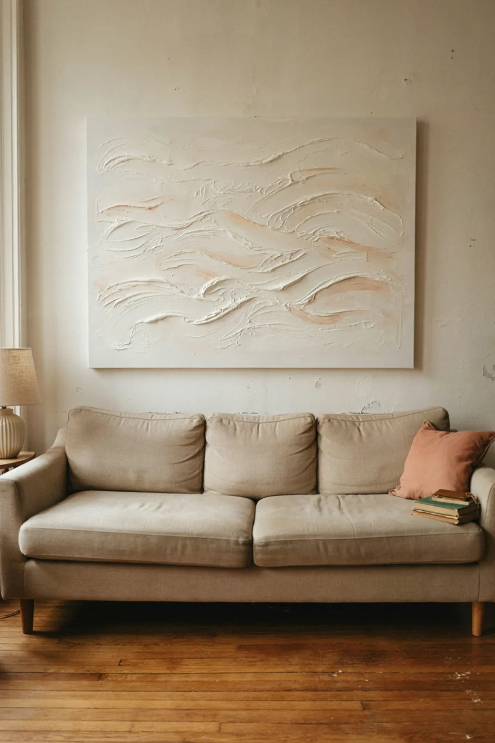 Modern living room with large sculptural wall art: dIY a Textured Canvas With Joint Compound