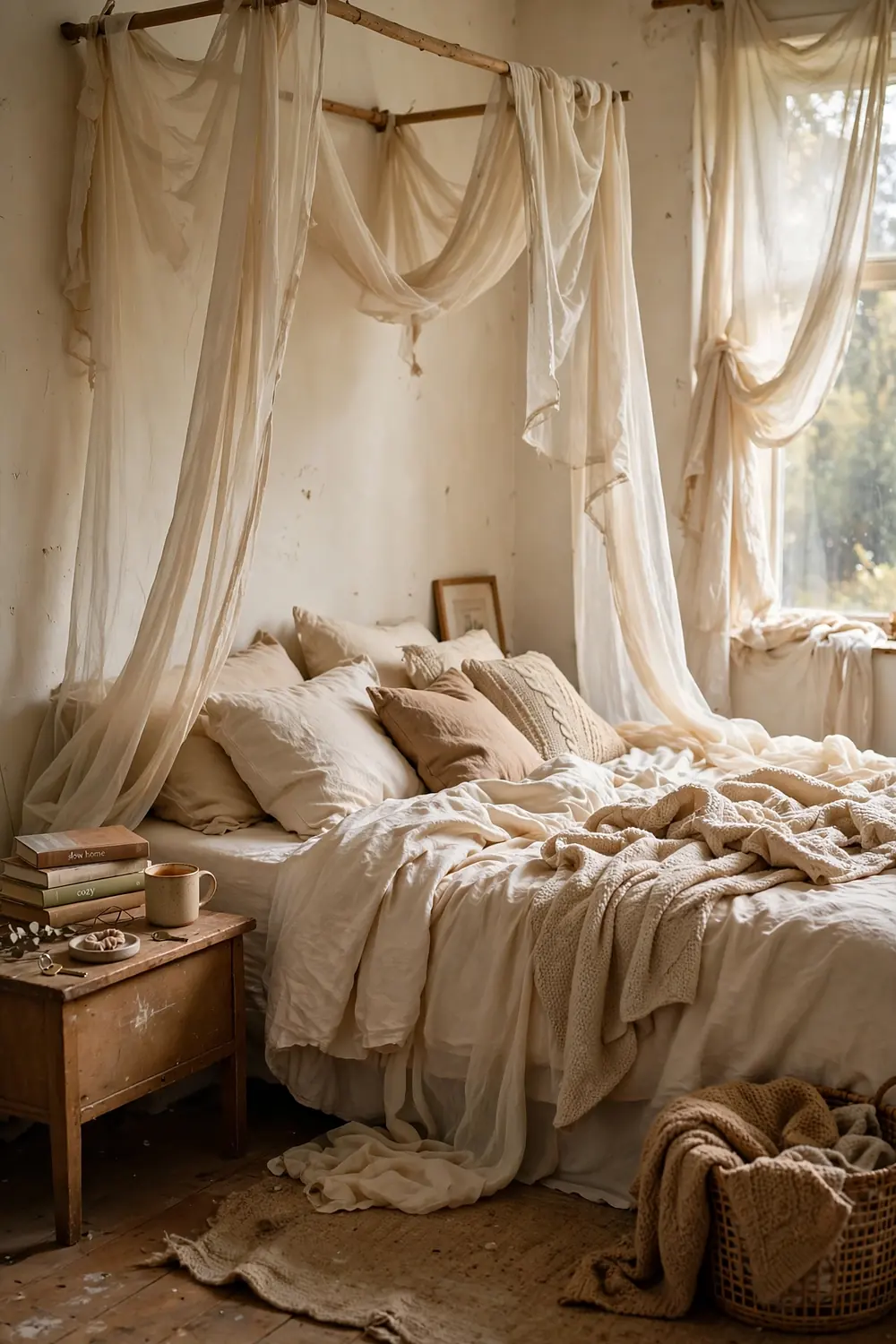 Warm neutral bedroom with sheer cream canopy drapes loosely hung over a bed with layered beige bedding and a basket of knit throws