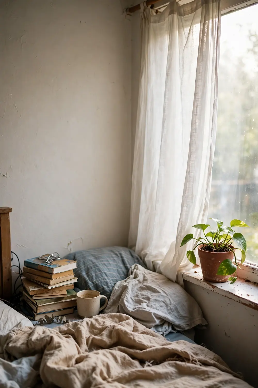 Bedroom window with sheer cream curtains, soft morning light, and a green plant on the windowsill