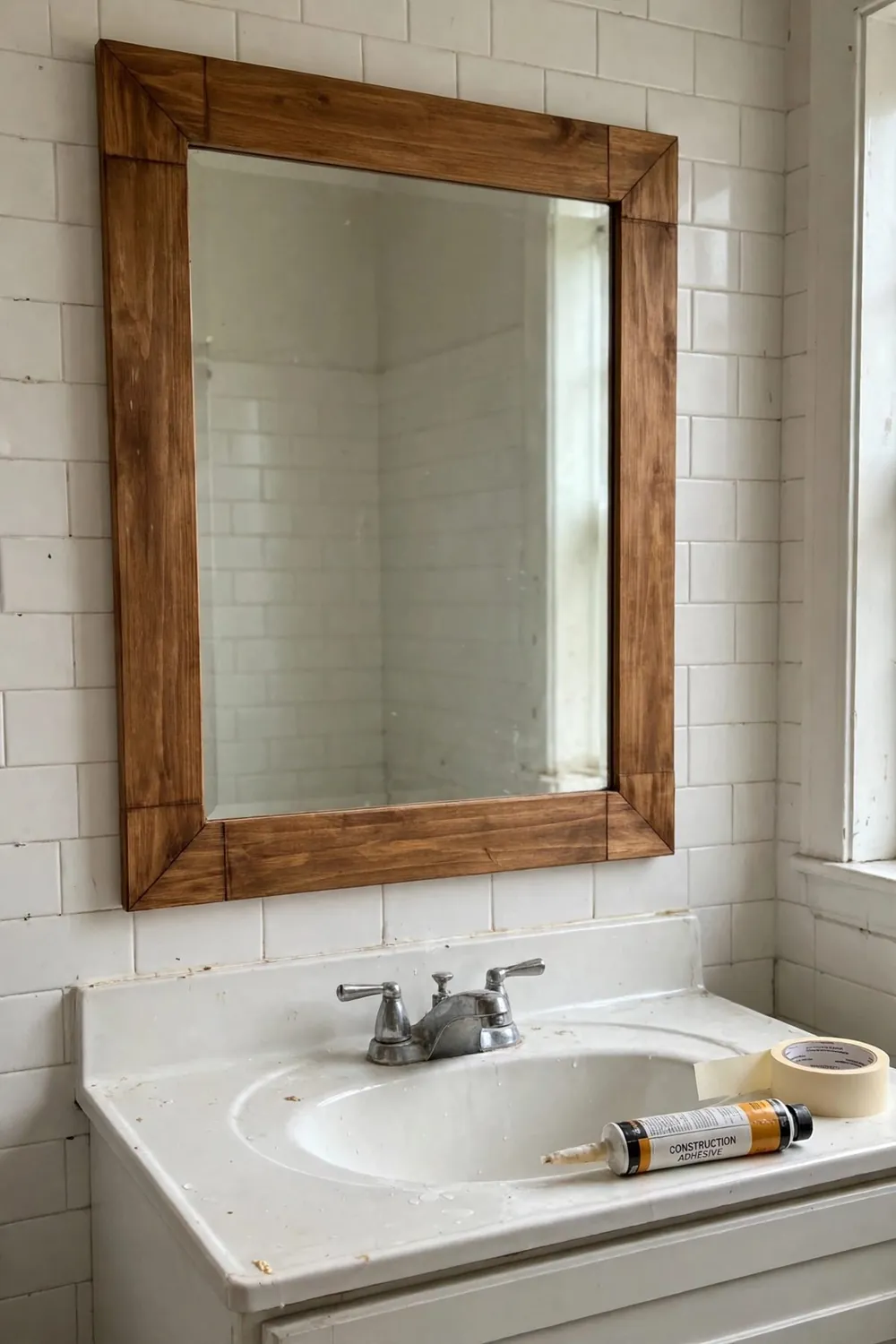 Simple diy home project in progress: frame a Builder-Grade Mirror