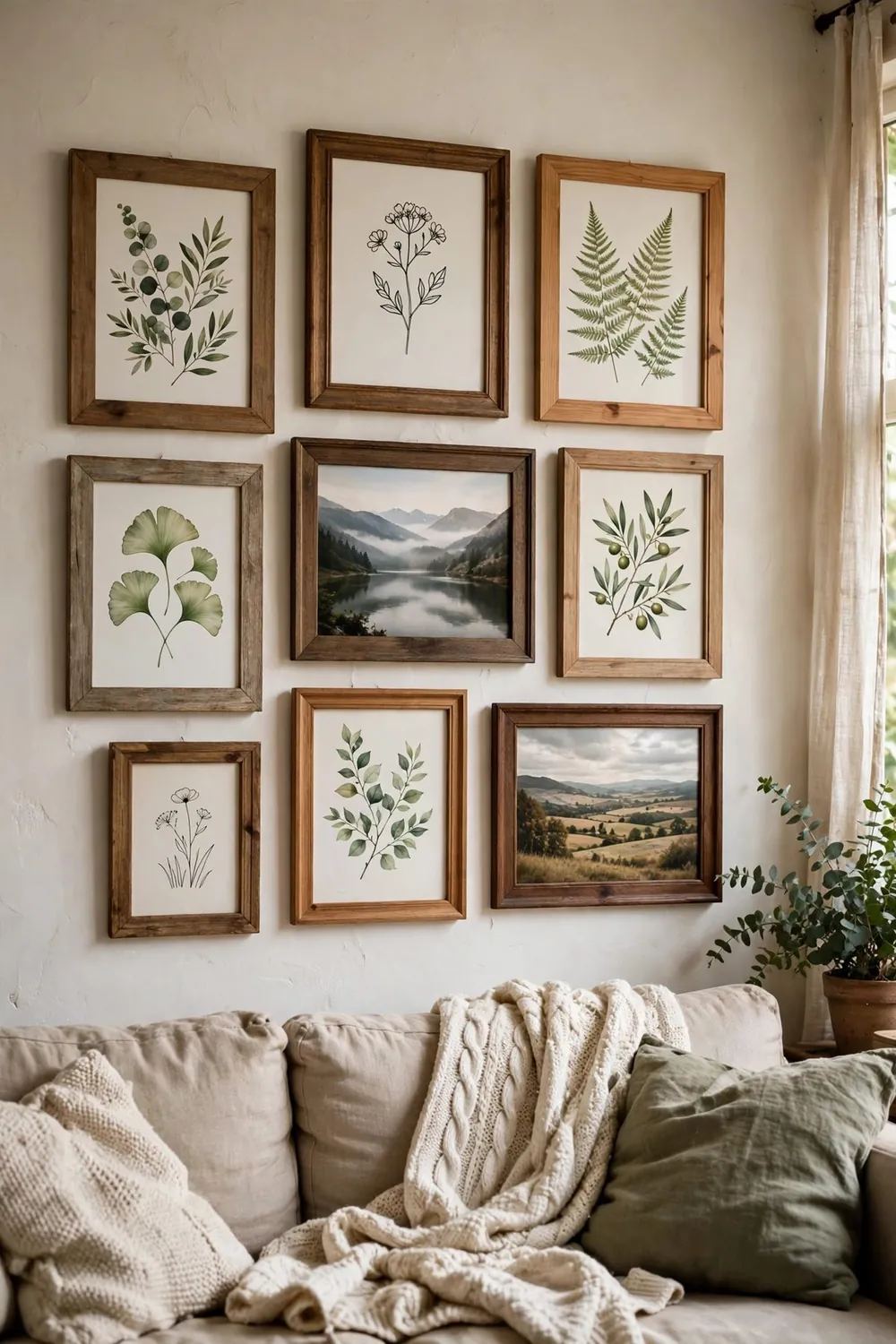 Finished DIY gallery wall of thrifted frames in mixed wood tones above a sofa, with botanical prints and family photos