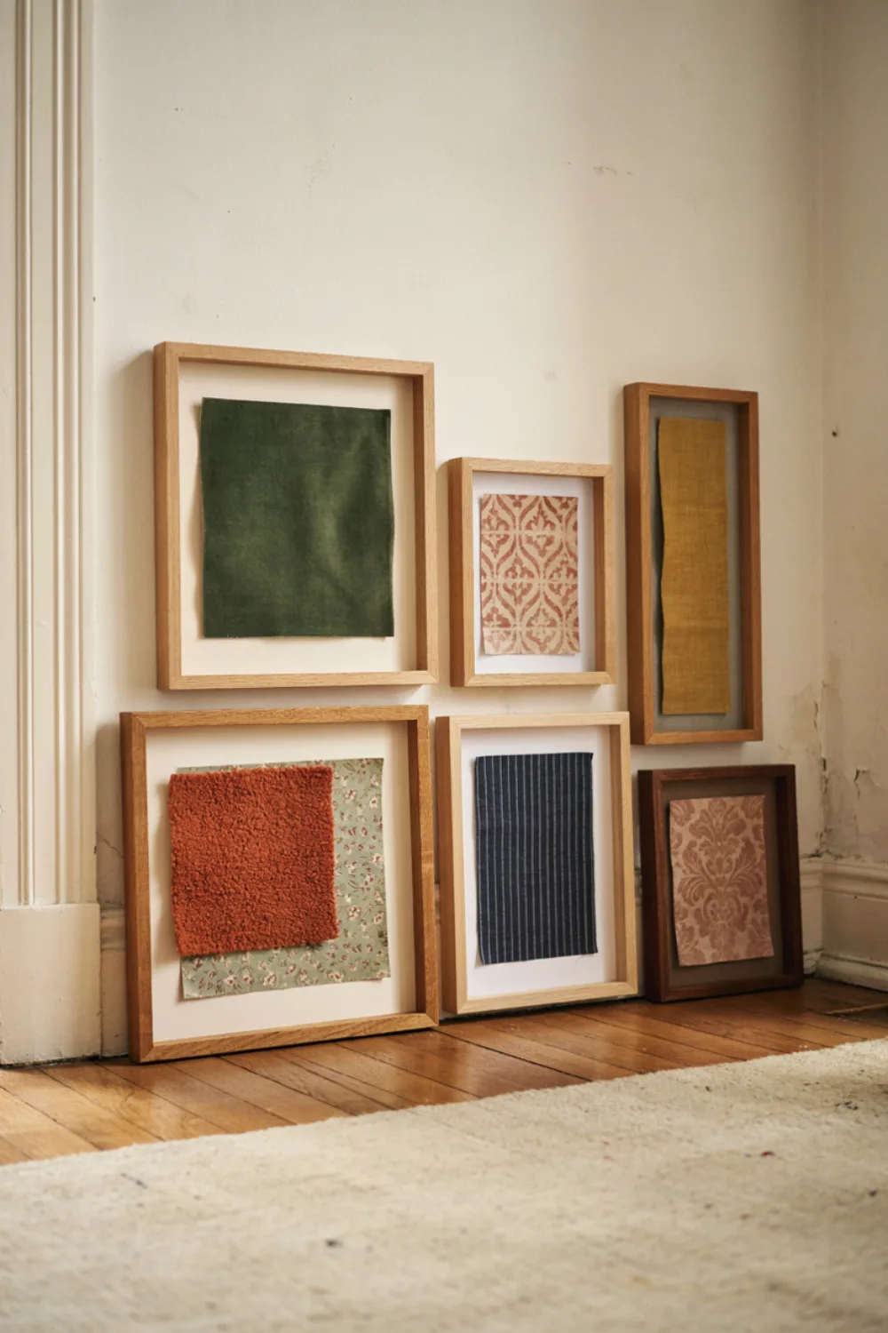 Simple diy home project in progress: frame Fabric and Wallpaper Samples as Art