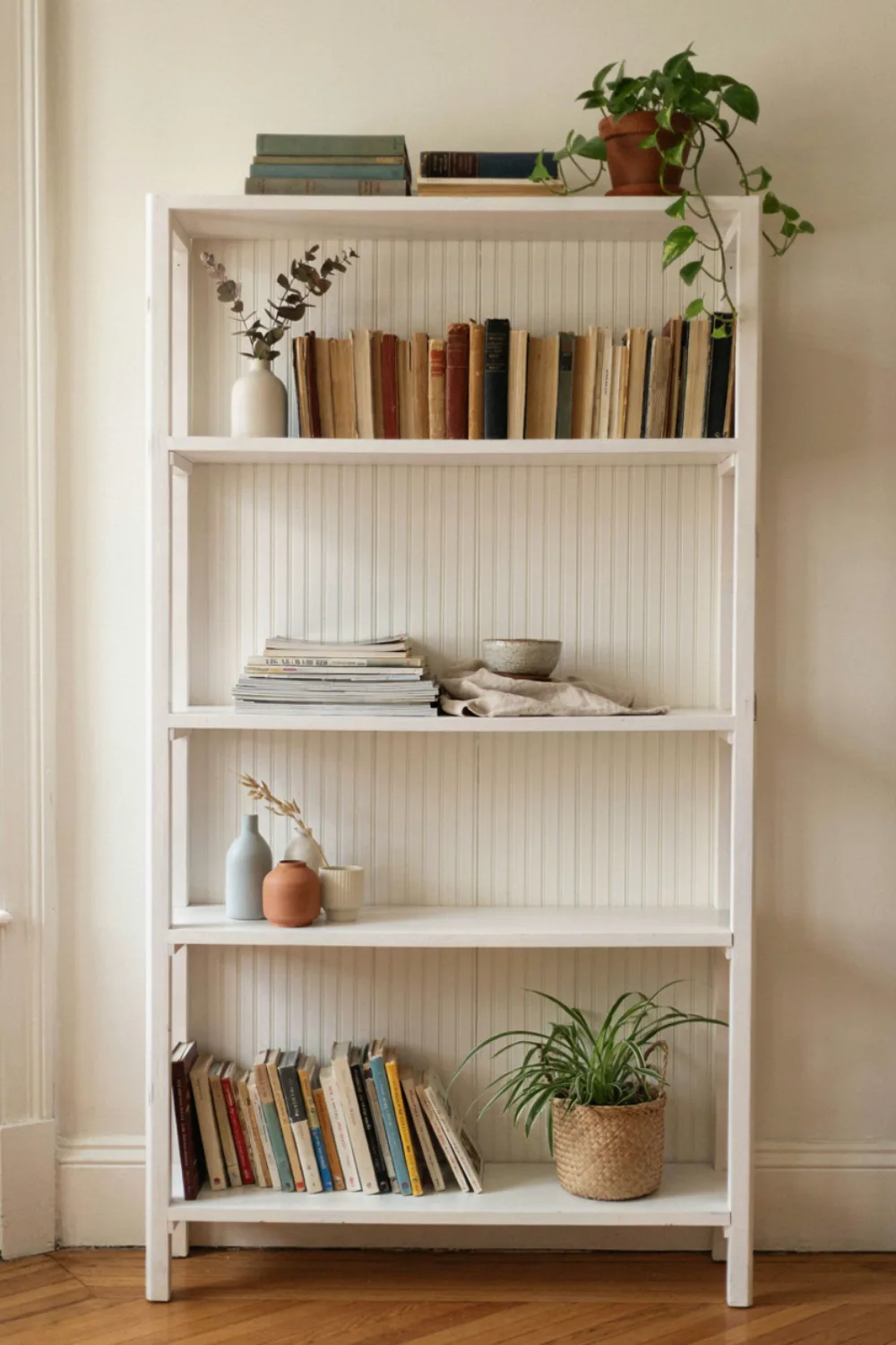 Simple diy home project in progress: line a Bookcase Back With Beadboard Wallpaper
