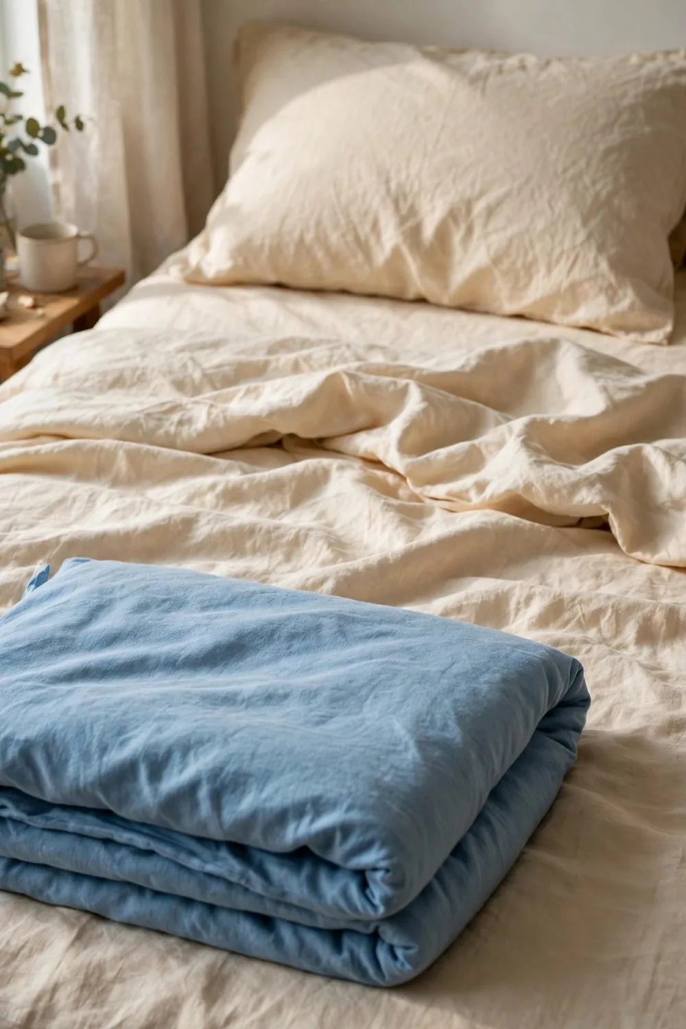 Calm bedroom with sky blue bedding: start With White or Cream Sheets — Cream for Warmth