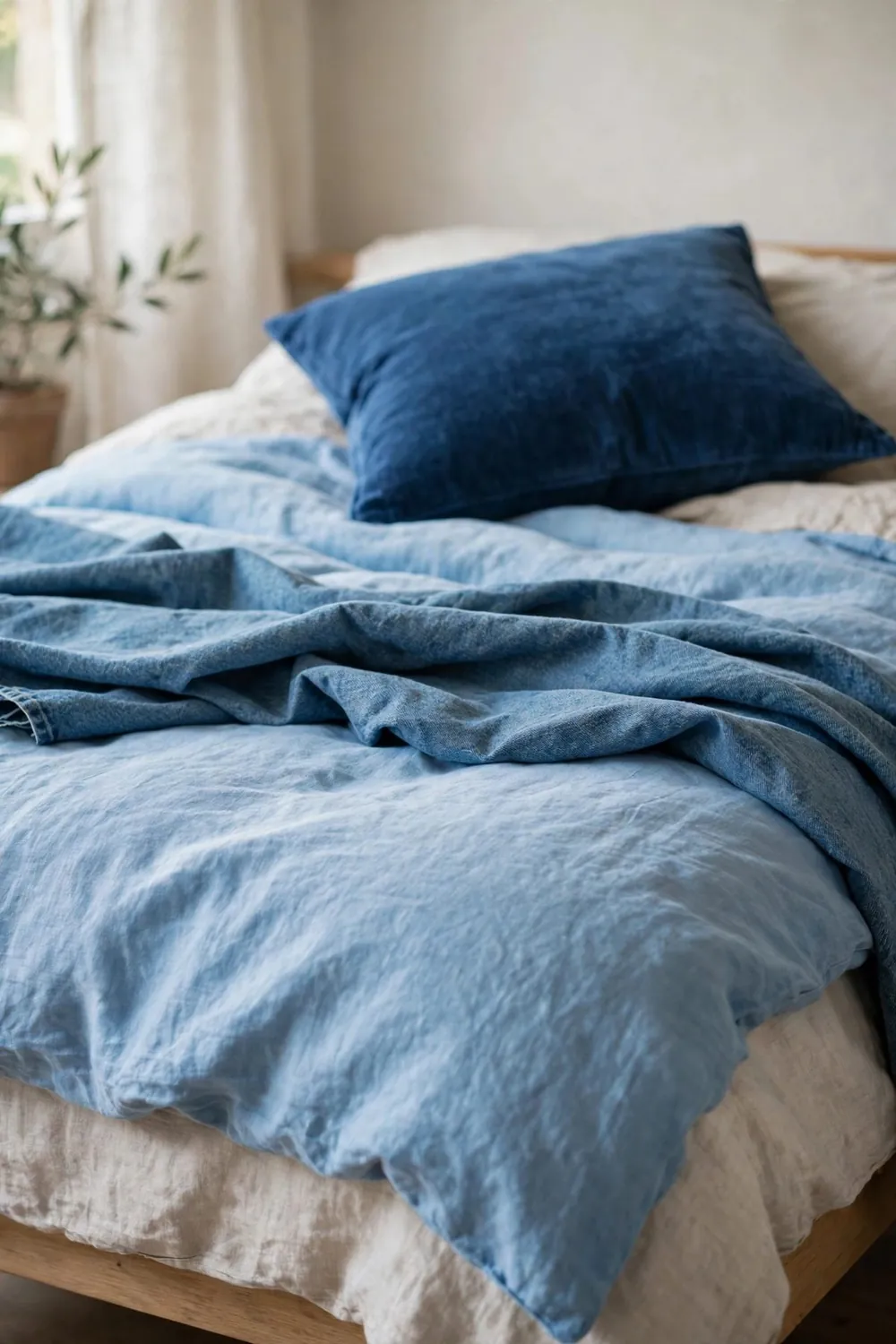 Calm bedroom with sky blue bedding: layer a Second, Deeper Blue