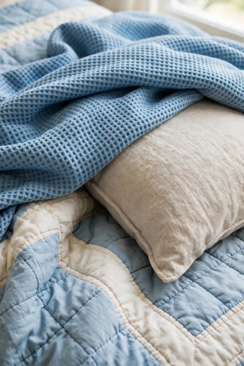 Calm bedroom with sky blue bedding: add Texture Before You Add Pattern