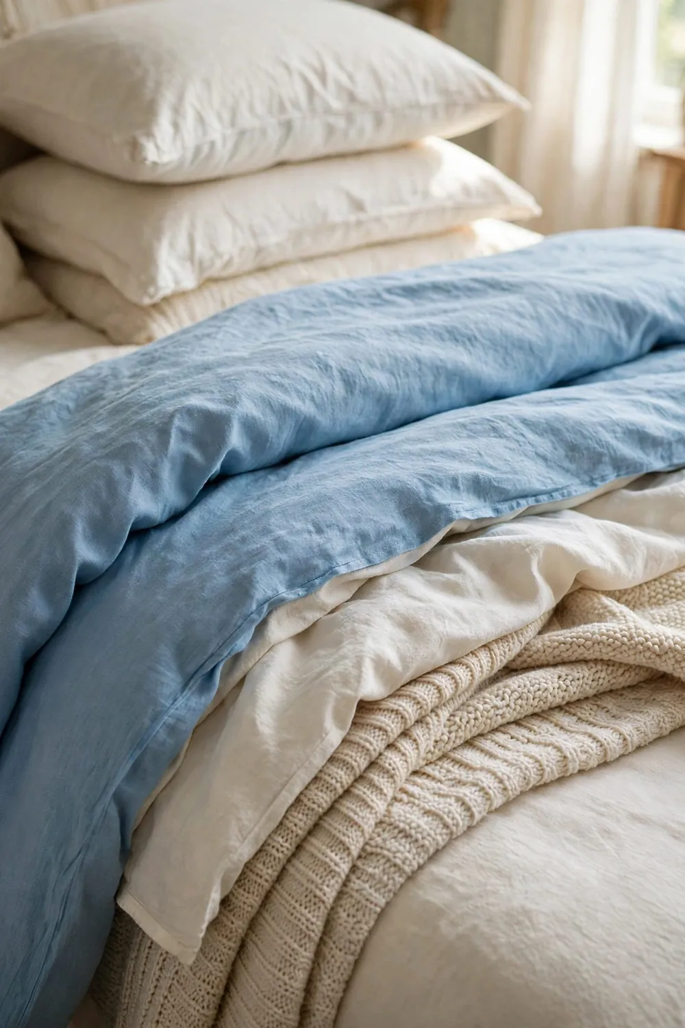 Calm bedroom with sky blue bedding: fold the Duvet Back to Show the Layers