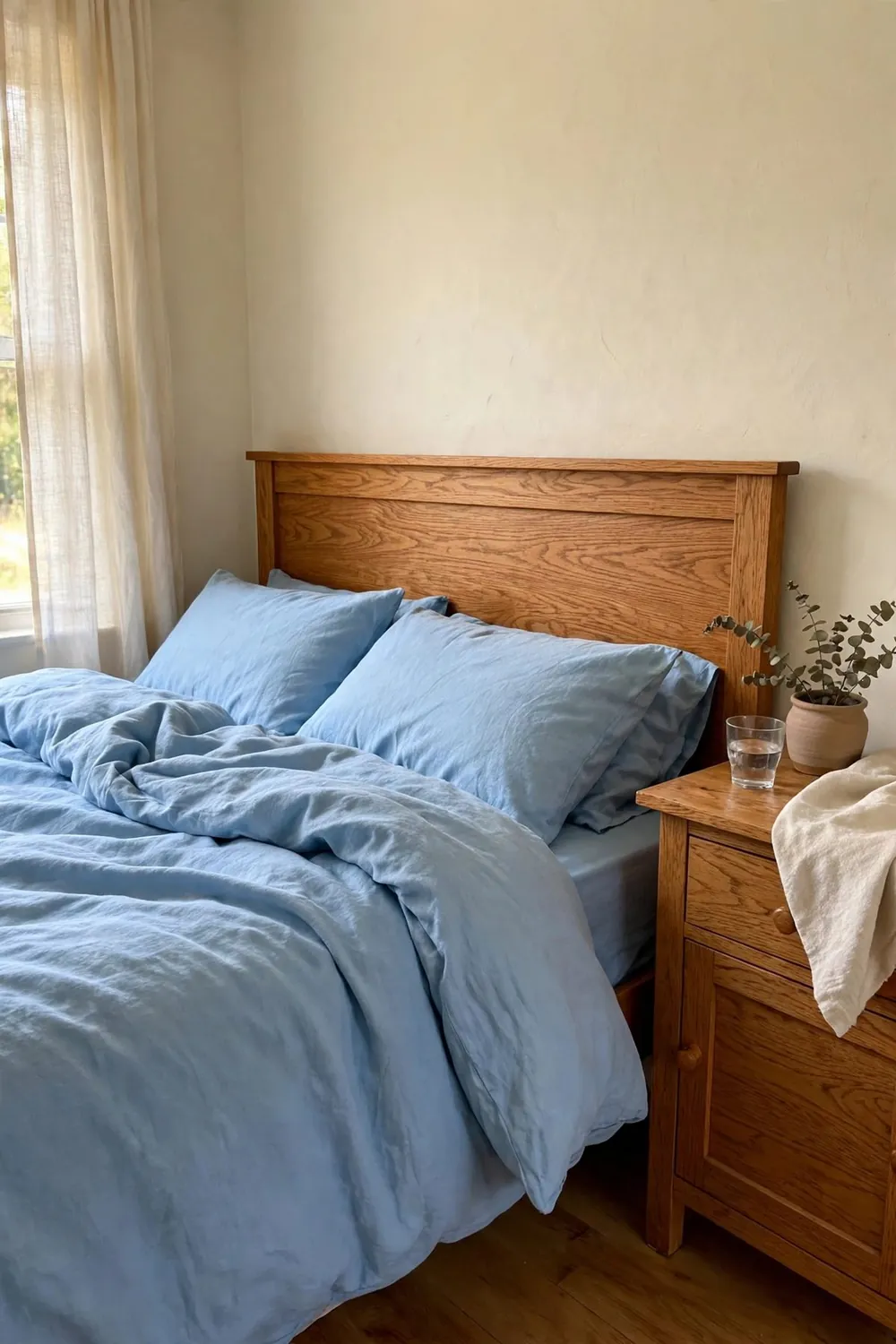 Calm bedroom with sky blue bedding: cream and Warm Wood: The Cozy Direction