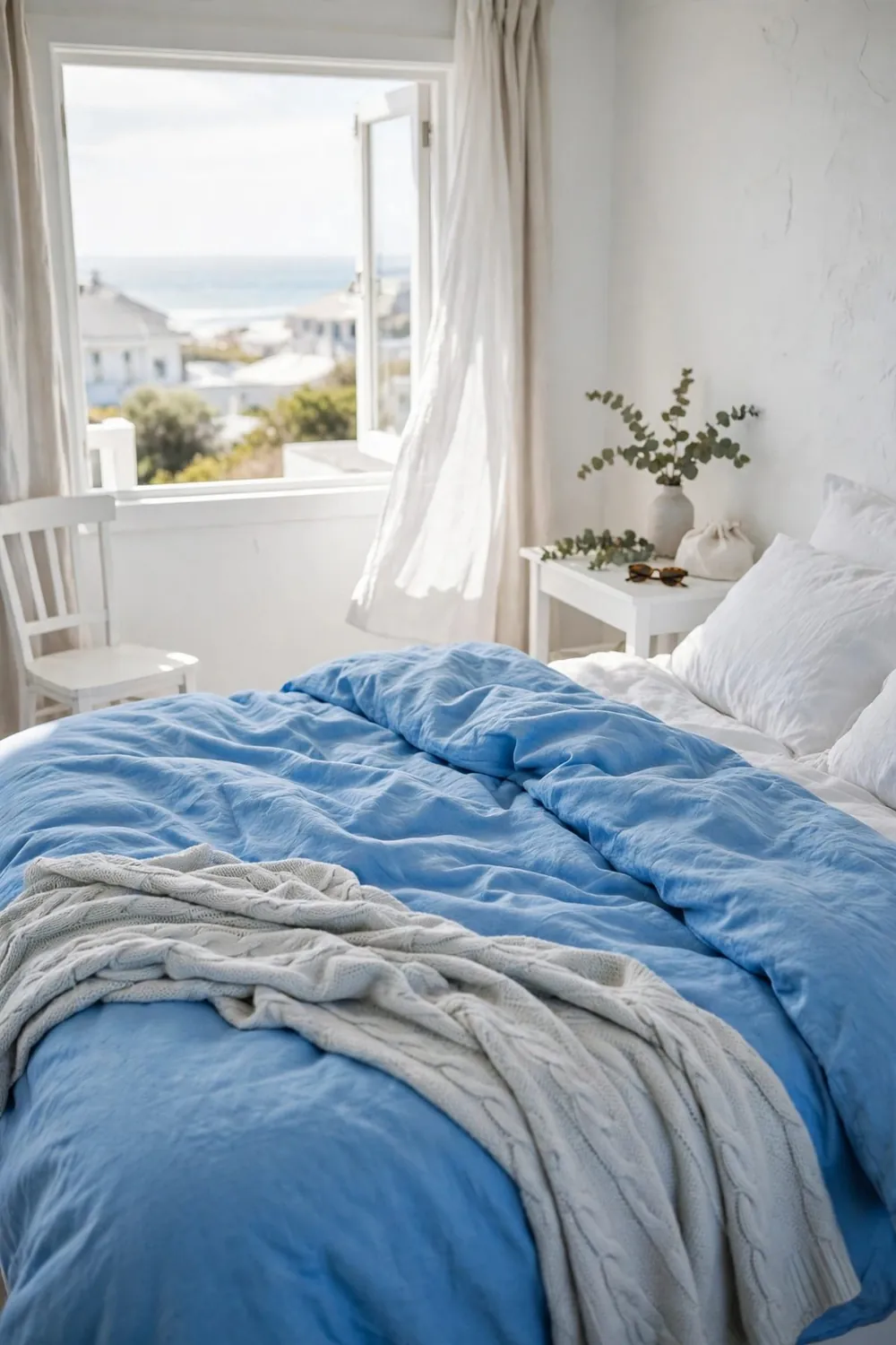 Calm bedroom with sky blue bedding: white and Pale Grey: The Crisp Coastal Direction